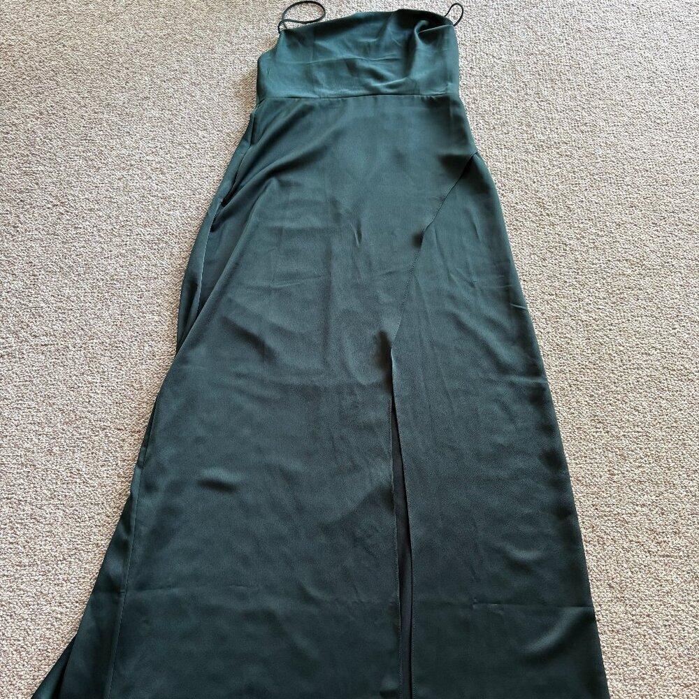BHLDN Forest Green Satin Maxi Slip Dress 16 High Slit Formal Bridesmaid - Picture 2 of 12
